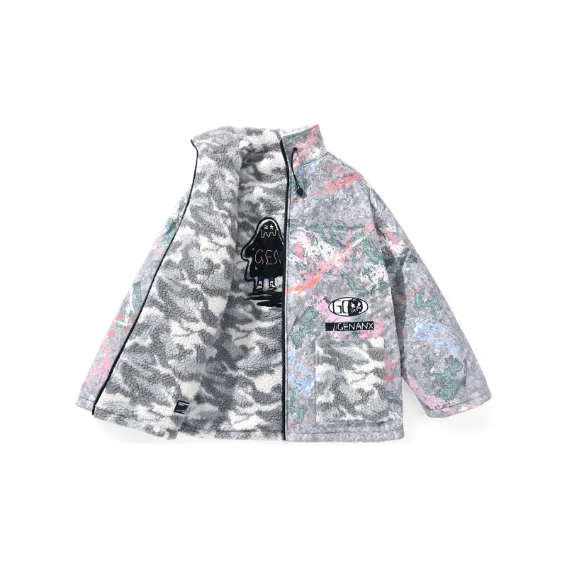 GENANX Letter Stand Collar Loose Fit Puffer Jacket Unisex Gray/Apricot Gray-5