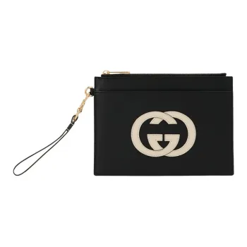 GUCCI Cow Leather Wristband Clutches Regular Unisex Black/White