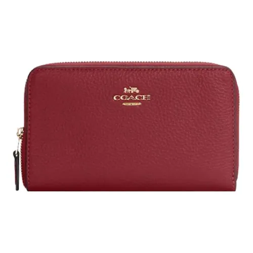 COACH Zip Around Leather Card Holder, Wallet Medium Size Women's Cherry Red
