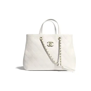 CHANEL Calfskin+Gold Metal Tote Bag, Shopping Bag, Shoulder Bag Women's White