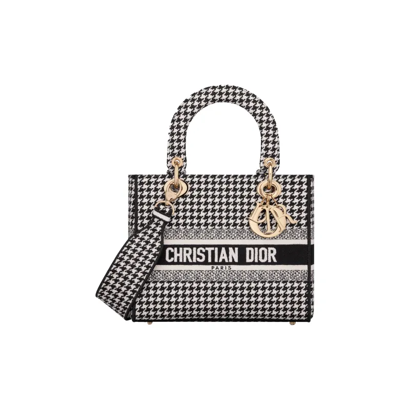 DIOR Lady D Lite Embroidery Lady Dior Bag, Crossbody Bag, Handbag Medium Size Women's Black/White-0
