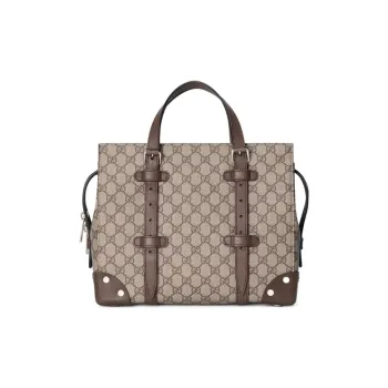 GUCCI Canvas With Leather Tote Bag, Shopping Bag, Handbag Medium Size Unisex Ebony & Brown