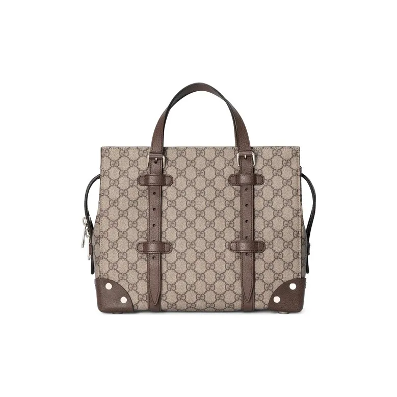 GUCCI Canvas With Leather Tote Bag, Shopping Bag, Handbag Medium Size Unisex Ebony & Brown-0