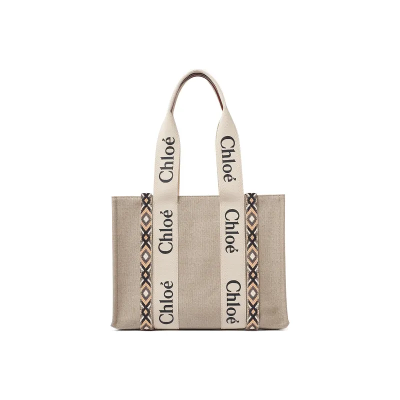 Chloe Woody Cow Leather Handbag Medium Size Women's Beige-1
