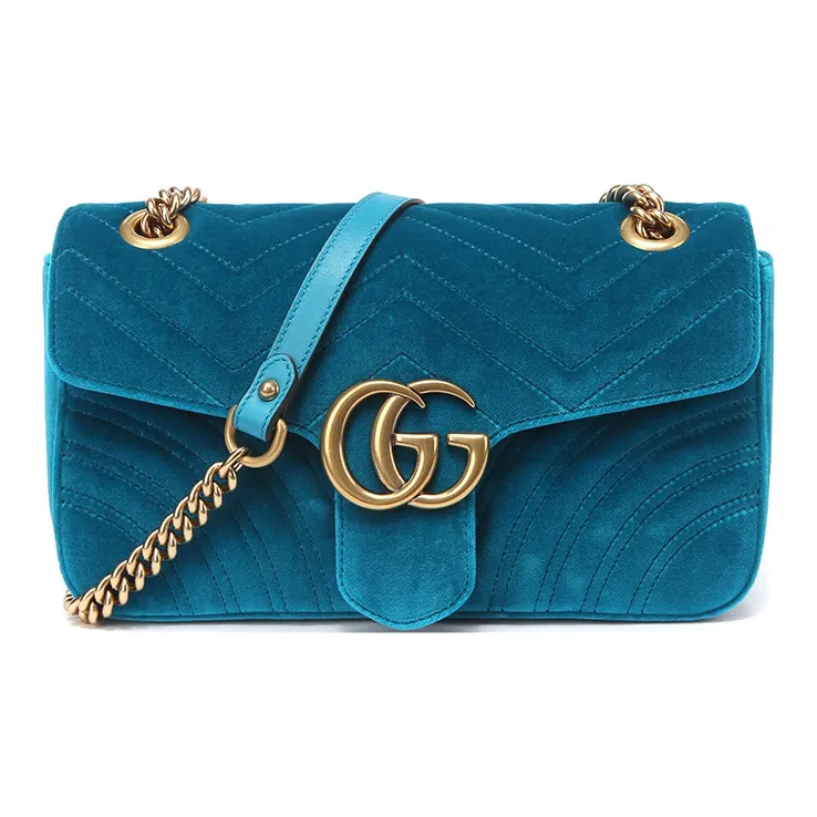 GUCCI GG Marmont Velvet Chain Shoulder Bag Crossbody Bag Small Size Women's Lake Blue Color-0