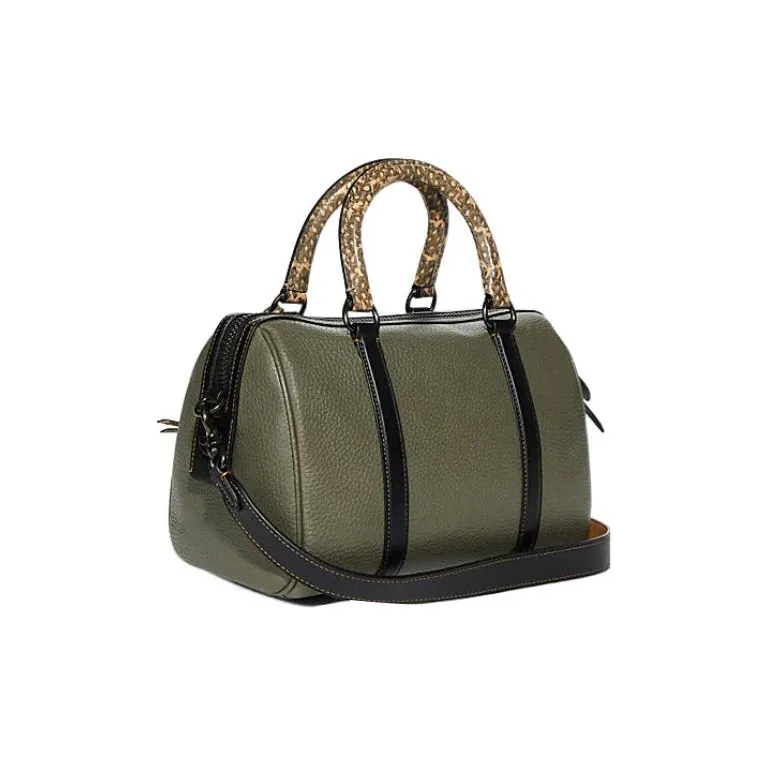 COACH Pebbled Leather With Snake Leather Boston Bag Handbag Shoulder Bag Crossbody Bag Medium Size Women's Army Green-1