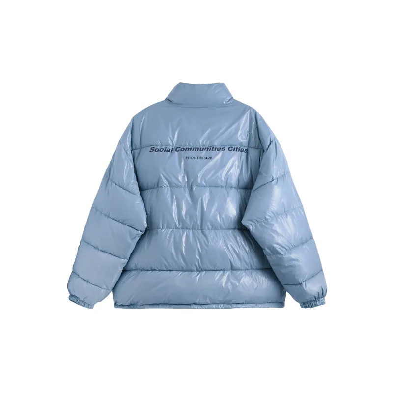 F426 Letter Solid Color Shiny Stand Collar Loose Fit Puffer Jacket Unisex-1