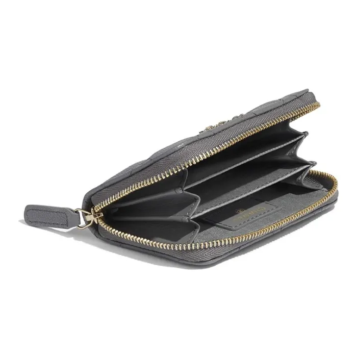 CHANEL Calfskin Coin Purse Women's Gray-3