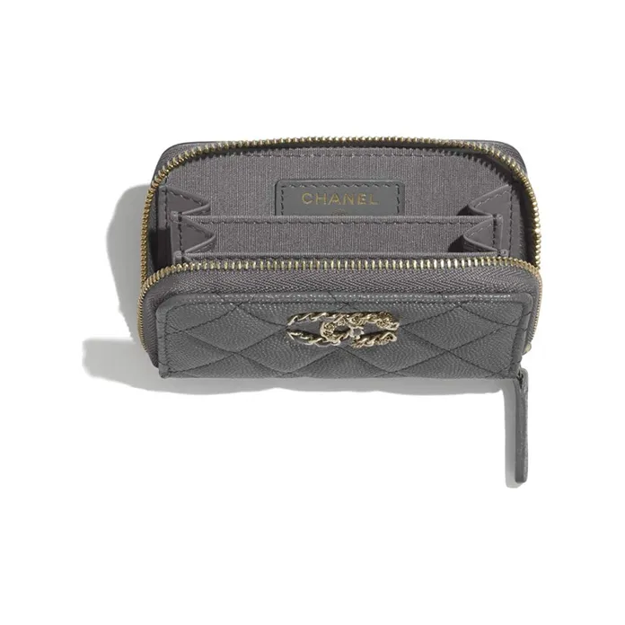CHANEL Calfskin Coin Purse Women's Gray-2