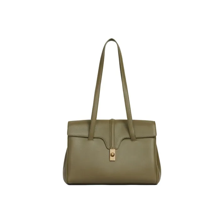 CELINE 16 Cow Leather Textile Handbag Shoulder Bag Medium Size Women's Candy Color Olive Green-3