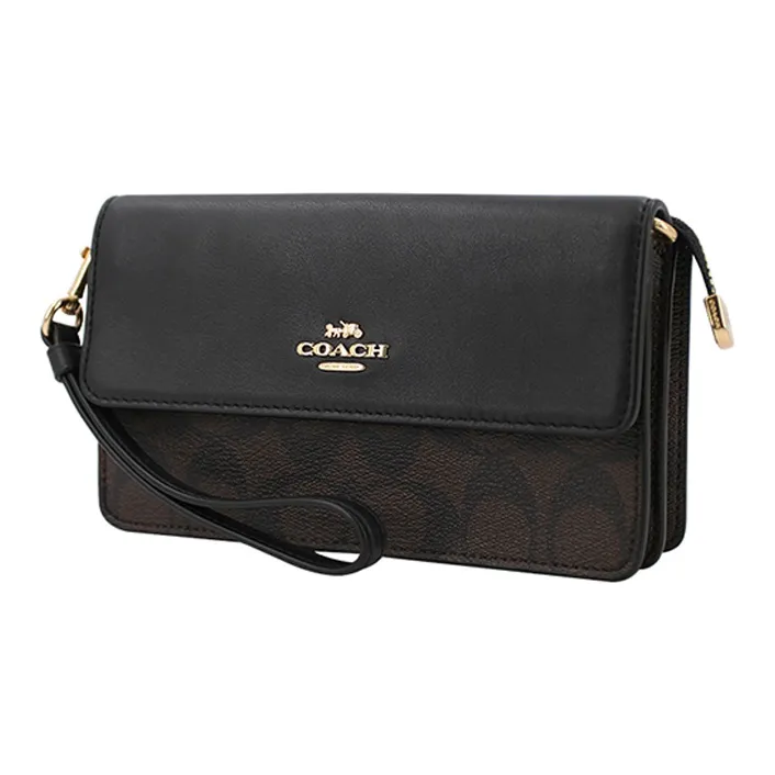 COACH Foldover PVC Canvas With Leather Wrist Bag Mahjong Bag Clutch Women's Black & Dark Brown Monogram-1