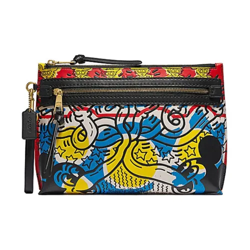 COACH Disney X Keith Haring Collaboration Academy Leather Clutch Large Size Women's Black & Multicolor