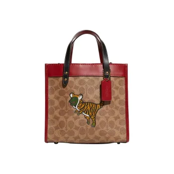 COACH Field Canvas With Leather Tote Bag, Shopping Bag, Crossbody Bag, Handbag Trumpets Unisex Brown/Red