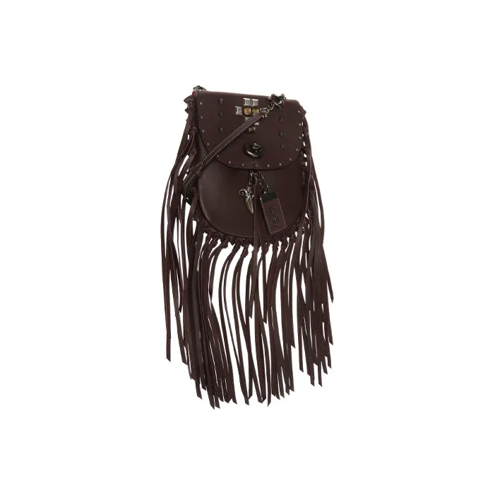 COACH Fringe Leather Saddle Bag, Shoulder Bag, Crossbody Bag Small Size Women's Coffee Brown-1