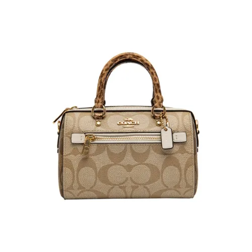 COACH Rowan Canvas With Leather Boston Bag, Shoulder Bag, Crossbody Bag brand Women's Light Brown