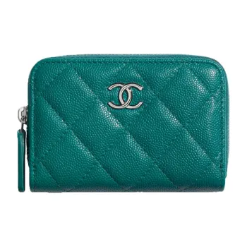 CHANEL Grain Embossed Litchi Grain Calfskin & Metal Fabric Wallet Women's Green