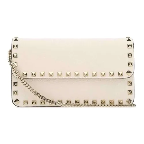 Valentino Rockstud Grained Calfskin Messenger Bag Shoulder Bag Crossbody Bag Clutches Women's White