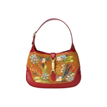 GUCCI Jackie 1961 Fabric With Leather Crescent Shoulder Bag Shoulder Bag Trumpets Women's Red