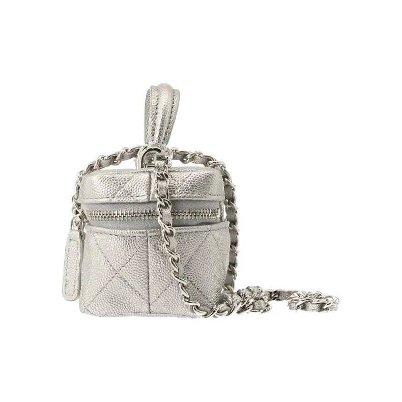 CHANEL Litchi Grain Cow Leather Box Bag, Handbag, Shoulder Bag, Crossbody Bag Trumpets Women's Silver-6