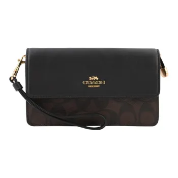 COACH Foldover PVC Canvas With Leather Wrist Bag Mahjong Bag Clutch Women's Black & Dark Brown Monogram