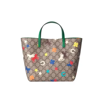 GUCCI Canvas With Leather Tote Bag Shopping Bag Handbag Regular Kids' Ebony/Green/Multicolor