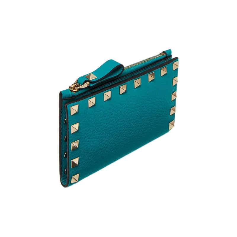 Valentino Rockstud Calfskin Wallet Coin Purses Card Holders Women's Ocean Green-1