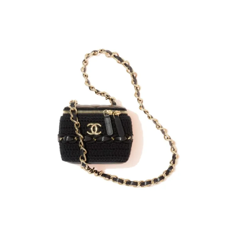 CHANEL 22c Early Spring Sheepskin Box Bag, Makeup Bag, Shoulder Bag, Crossbody Bag Trumpets Women's Black-0