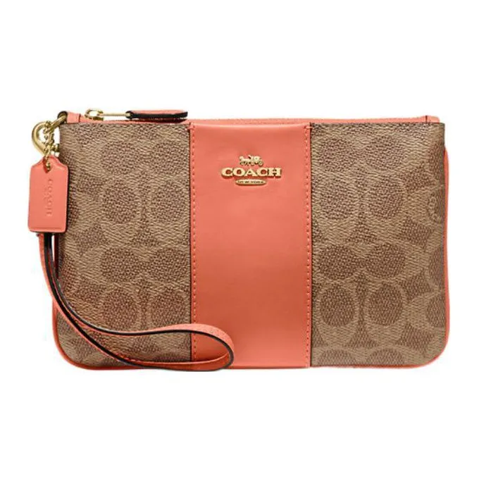COACH Wristlet Coated Canvas With Calfskin Wrist Bag Coin Purse Small Size Women's Khaki & Light Coral Red-0