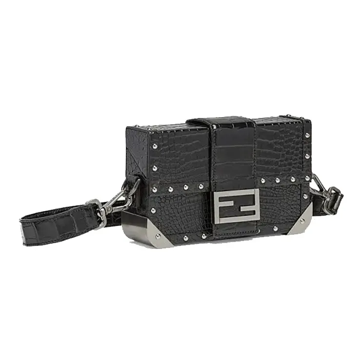 FENDI BaguetteTrunk Crocodile Pattern Leather Baguette Bag Box Bag Shoulder Bag Crossbody Bag Mini Men's Black-1