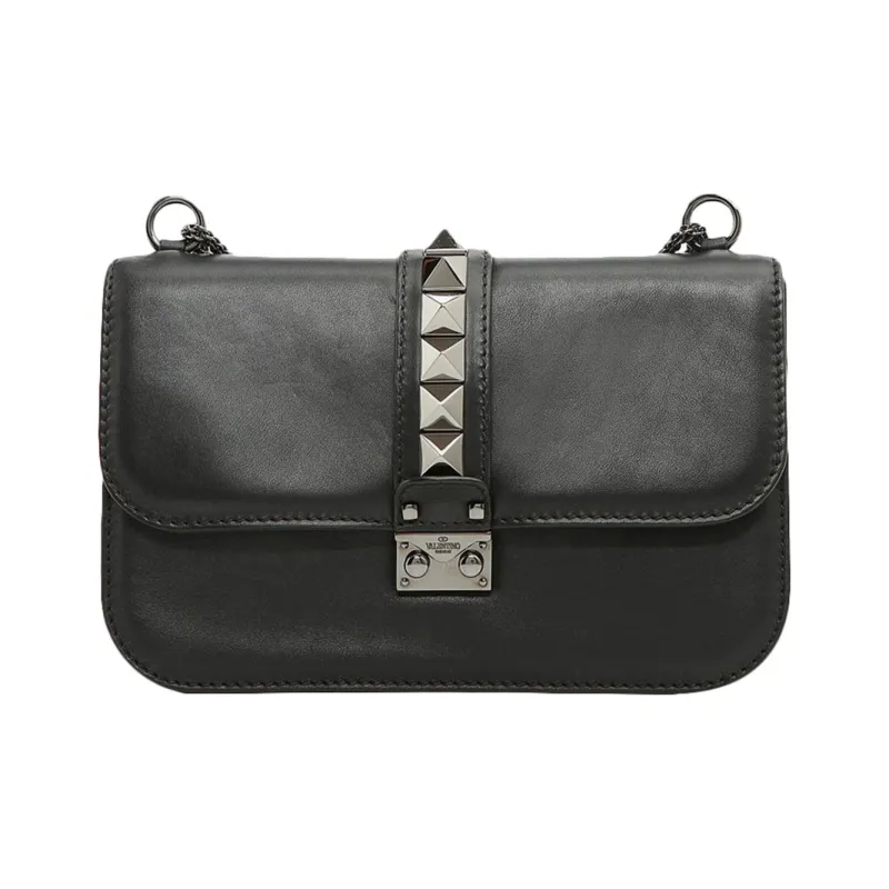 Valentino Rockstud Leather Chain Bag Messenger Bag Shoulder Bag Crossbody Bag Regular Black-0