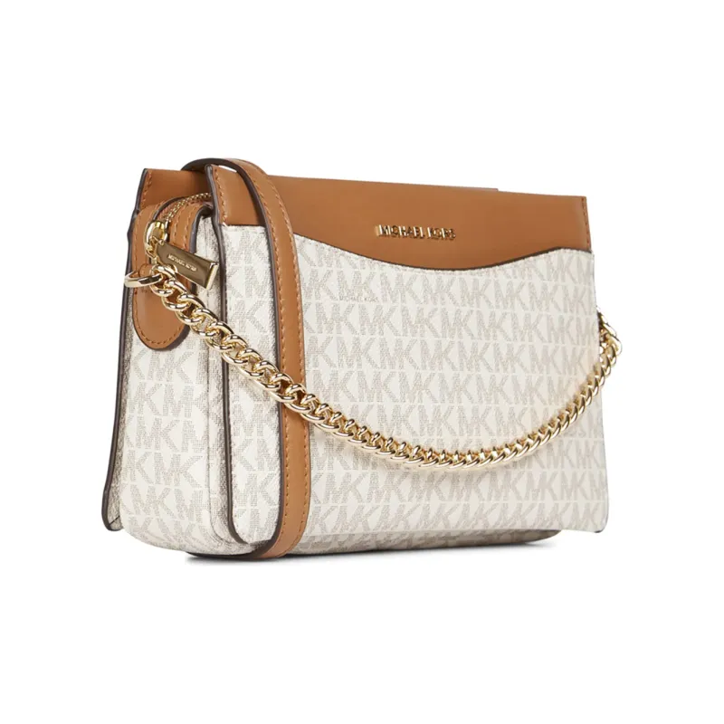 MICHAEL KORS MK Jet Set Leather Crossbody One Shoulder Handbag Large Size Women's Vanilla White & Acorn Brown-1