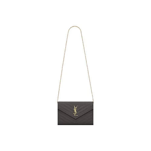 SAINT LAURENT Monogram Quilting Grained Embossed Calfskin Chain Wallet Shoulder Bag Crossbody Bag Women's Gray White
