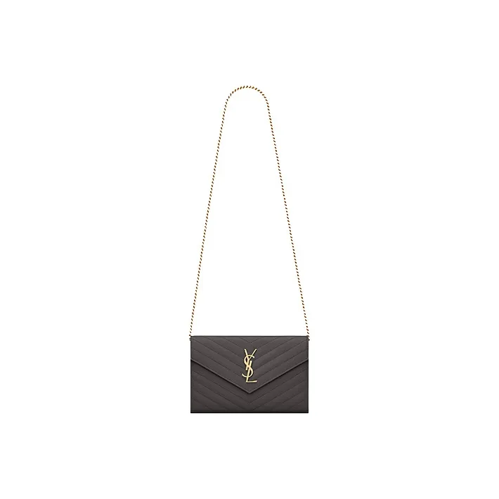 SAINT LAURENT Monogram Quilting Grained Embossed Calfskin Chain Wallet Shoulder Bag Crossbody Bag Women's Gray White-0