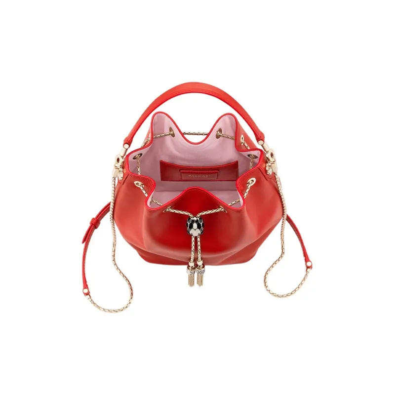 BVLGARI SERPENTI Smooth Calf Leather Bucket Bags Handbags Women's Red-3