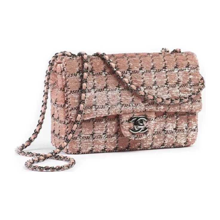 CHANEL Classic Flap CF Woolen Shoulder Bag, Crossbody Bag, Handbag Trumpets Women's Pink/Black/Silver-1