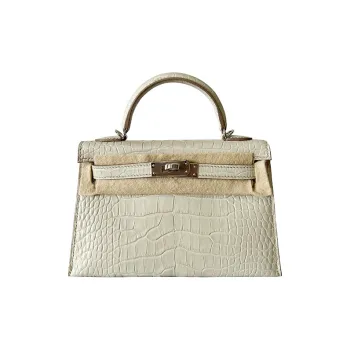 HERMES Mini Kelly 2nd Generation Matte Crocodile Leather Kelly Bag Handbag Women's 8L Beton Glacier White