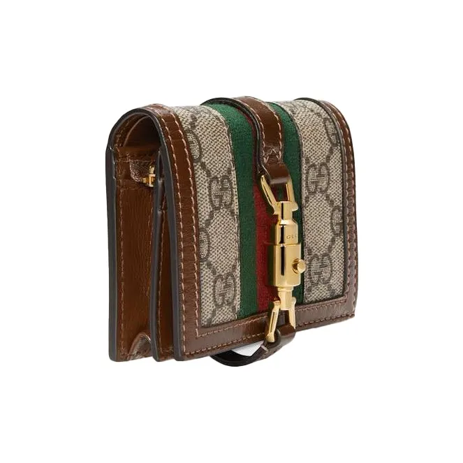GUCCI Jackie 1961 Canvas With Leather Clutch Wallets Card Holders Small Size Women's Green Brown Multicolor-1