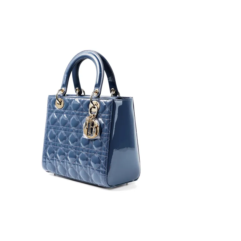 DIOR Lady Dior Patent Leather Cowhide Dior Bag Shoulder Bag Crossbody Bag Handbag Medium Size Women's Dark Denim Blue-1