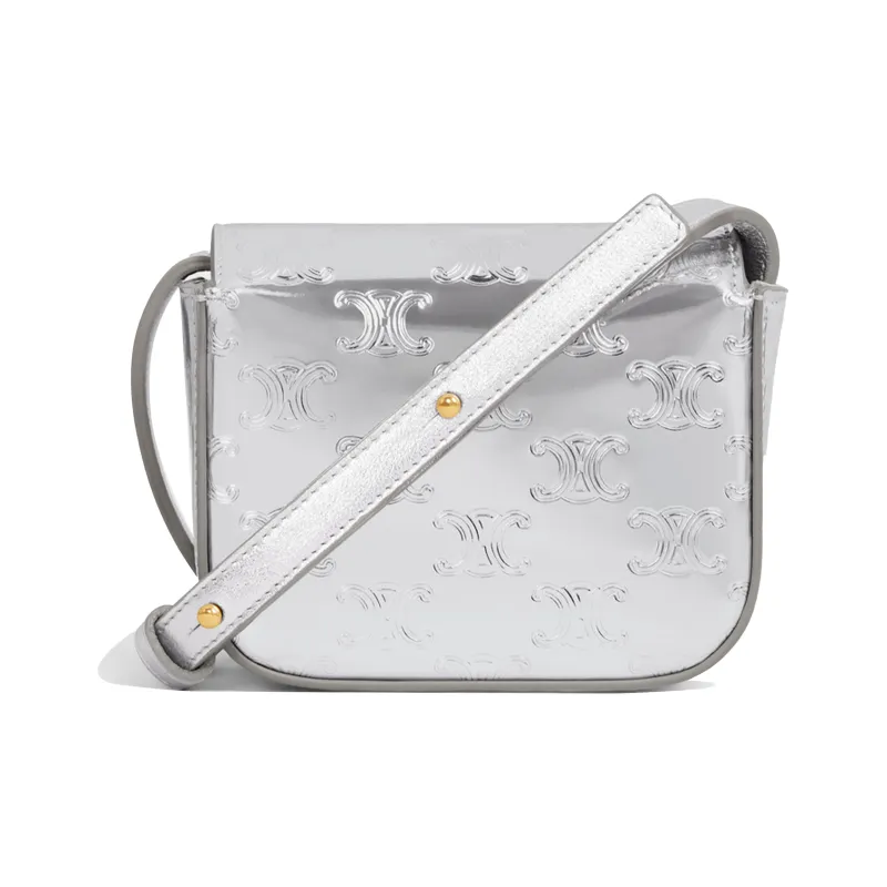 CELINE Triomphe Fabric With Calfskin Handbag, Shoulder Bag, Crossbody Bag Mini Women's Silver-2