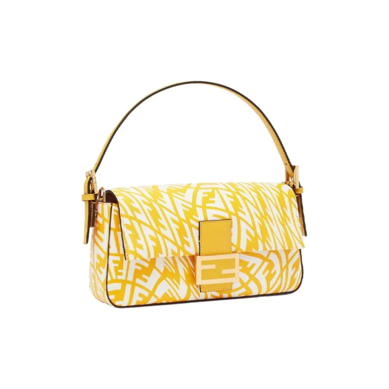 FENDI Baguette Glossy Canvas With Leather Baguette Shoulder Bag, Handbag Shoulder Bag Women's Yellow-1