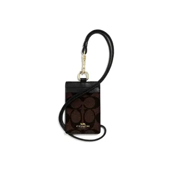 COACH Lanyard Coated Canvas Leather Card Holder Women's Black Brown