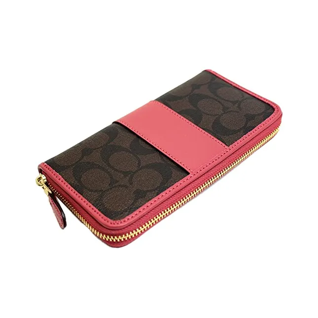 COACH Accordion Zip PVC With Leather Wallet Clutch Wallet Women's Dark Coffee With Pink Accents-2