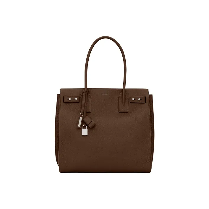 SAINT LAURENT SAC DE JOUR Calfskin Grained Leather Handbag Men's Dark Wood Color-0