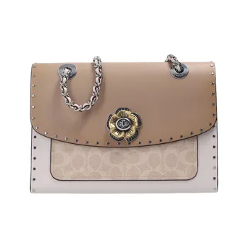 COACH Parker Coated Canvas With Leather Chain Bag Shoulder Bag Crossbody Bag Medium Size Women's Khaki/Gray White