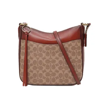 COACH Chaise Canvas With Leather Shoulder Bag Crossbody Bag Large Size Women's White Khaki Color Blocking