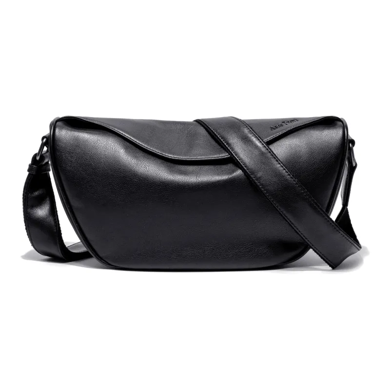 Ace Paul Cow Leather Crescent Bag, Small Square Bag, Shoulder Bag, Crossbody Bag Medium Size Unisex Black-1