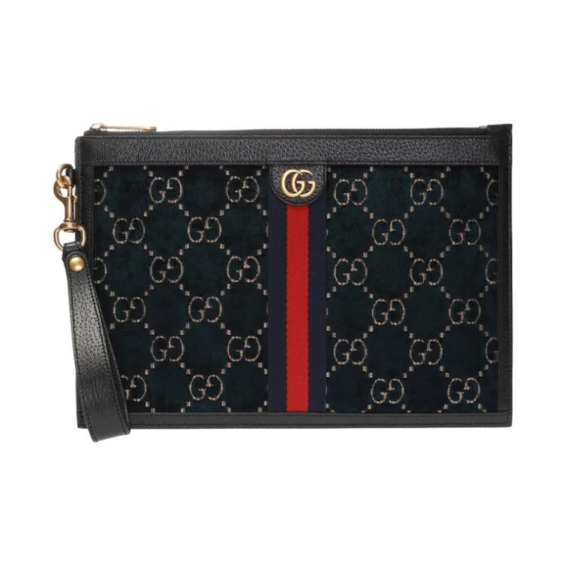 GUCCI Velvet Patchwork Leather Clutch Women's Dark Blue-0