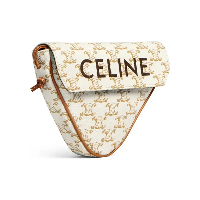 CELINE Triomphe Calfskin With Leather And Canvas Triangle Bag, Shoulder Bag, Crossbody Bag Women's White-2