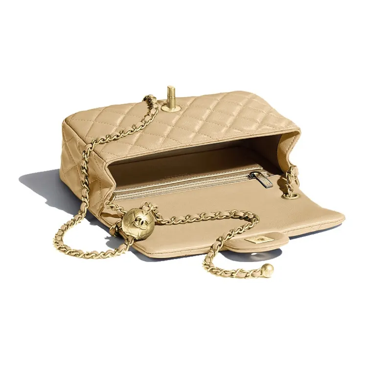 CHANEL Classic Flap CF Small Gold Ball Sheepskin Shoulder Bag, Crossbody Bag Women's Milk Tea Nude-2