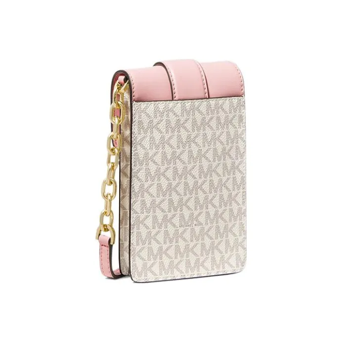 MICHAEL KORS Carmen Leather Card Holder Chain Bag With Cell Phone Pouch Women's Pink Vanilla White Multicolor-1